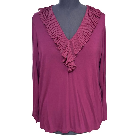 Chaps Ruffled V-Neck Top Womens 2X Plum Long Sleeve Blouse‎ Elegant Party Fairy - Picture 8 of 8